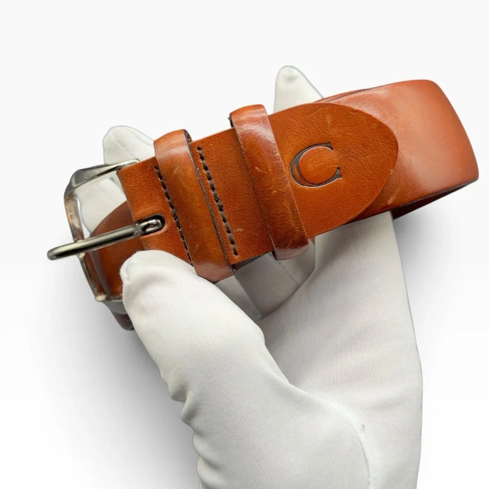 Canali Mens Leather Belt Cognac Brown Silver Buckle Made in Italy Size 90/105